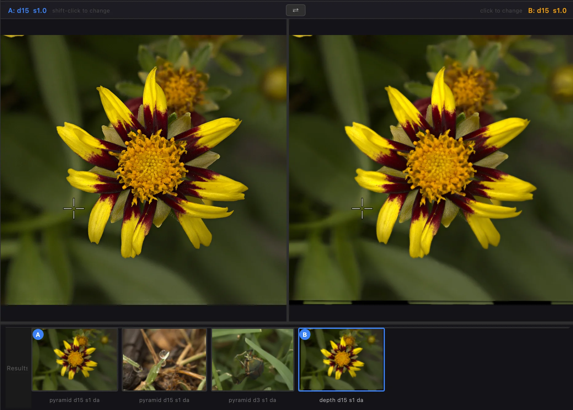 Compare view: a split screen showing the input frame on one side and the stacked/edited result on the other, with a synchronised crosshair so both sides track the same pixel as you zoom and pan.