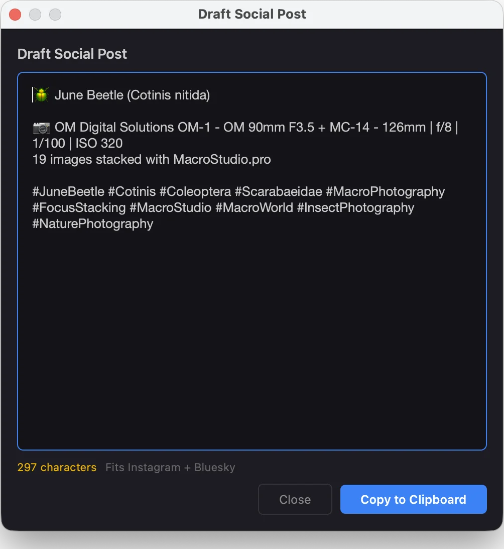 Draft social post panel: a generated caption + hashtags for a Plains Coreopsis macro shot, with species name, camera (OM-1), lens (OM 90mm F3.5 MC-14), and shooting settings pulled automatically from EXIF.