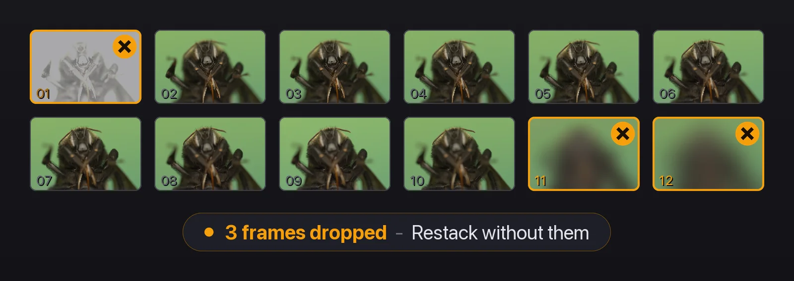 StackCheck's view of a bumblebee focus bracket: a filmstrip of the frames with three marked to drop — a blown-out flash misfire at the start and two soft, empty frames at the end — each outlined in amber with a small x badge, above a caption reading "3 frames dropped - Restack without them".