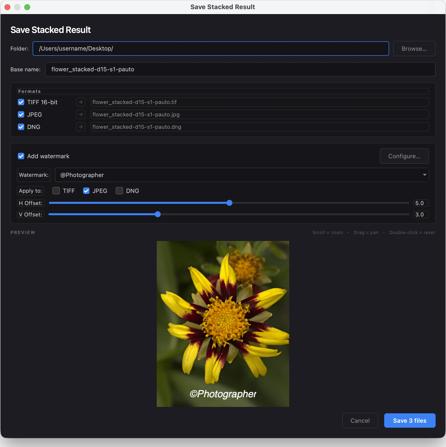Watermark settings: a saved macro image with a small logo watermark in the corner, alongside the Save dialog showing per-format watermark checkboxes for TIFF and JPEG.
