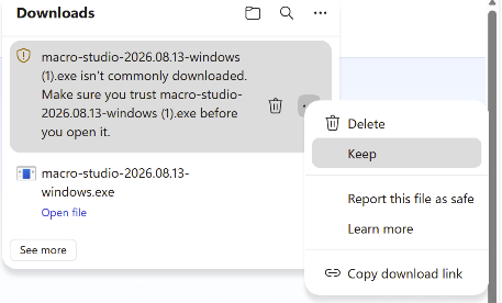 Edge's Downloads list. The blocked installer's three-dot menu is open, showing Delete, Keep, Report this file as safe, Learn more, and Copy download link. Keep is highlighted.
